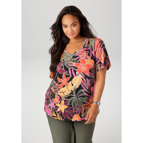 Shirtbluse ANISTON PLUS, Damen, Gr. 44, bunt (schwarz, rot, orange, pink, khaki, bordeaux, weiß, hellorange, fuchsia, oliv, silberfarben), Web, Obermaterial: 100% Viskose, bedruckt, geblümt, Glitzerstreifen, Leinenoptik, feminin, lässig geschnitten Po-bedeckend, V-Ausschnitt, Kurzarm, Blusen, mit glitzernden Schmuckbändern am V-Ausschnitt