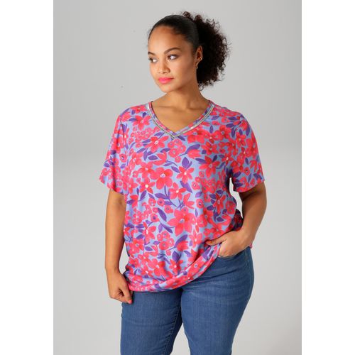 Shirtbluse ANISTON PLUS, Damen, Gr. 44, pink (jeansblau, rot, dunkelrot, lavendel, lila, weiß, flieder), Web, Obermaterial: 100% Viskose, bedruckt, geblümt, Glitzerstreifen, Leinenoptik, feminin, lässig geschnitten Po-bedeckend, V-Ausschnitt, Kurzarm, Blusen, mit glitzernden Schmuckbändern am V-Ausschnitt