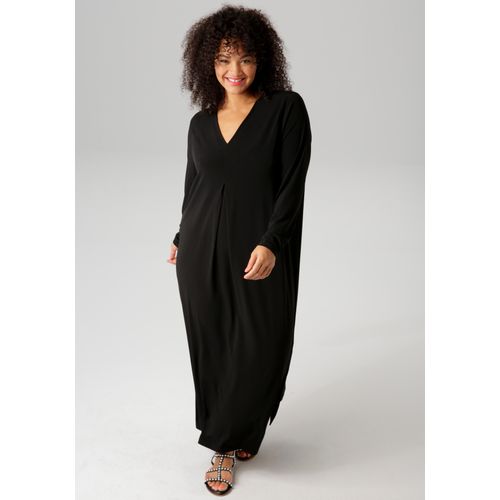 Maxikleid ANISTON PLUS, Damen, Gr. 46, N-Gr, schwarz, Single Jersey, Obermaterial: 95% Polyester, 5% Elasthan, unifarben, leicht glänzend, casual, figurumspielend knöchelfrei, V-Ausschnitt, Langarm, Kleider, mit raffinieren Seitenschlitzen