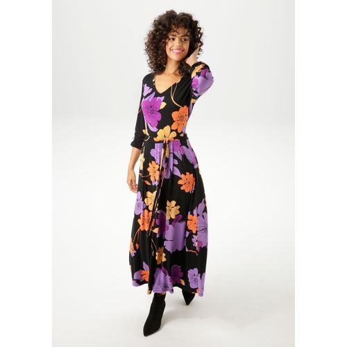 Maxikleid ANISTON CASUAL, Damen, Gr. 48, N-Gr, bunt (schwarz, lavendel, fuchsia, orange, beige), Single Jersey, Obermaterial: 95% Viskose, 5% Elasthan, bedruckt, geblümt, casual, figurumspielend knöchelfrei, V-Ausschnitt, Langarm elastischer Bund mit Gummizug, Kleider, mit großflächigen, farbharmonischen Blumen bedruckt