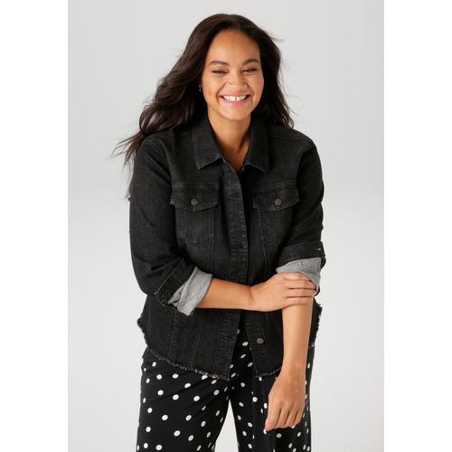 Jeansjacke ANISTON PLUS, Damen, Gr. 52, schwarz, Denim/Jeans, Obermaterial: 98% Baumwolle, 2% Elasthan, Abriebeffekte, unifarben, casual, figurumspielend hüftlang, Langarm 1-Knopf-Manschette, Jacken, mit ausgefranstem Saum