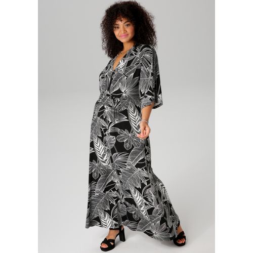 Maxikleid ANISTON PLUS, Damen, Gr. 48, N-Gr, schwarz-weiß (schwarz, weiß), Single Jersey, Obermaterial: 95% Viskose, 5% Elasthan, bedruckt, gemustert, feminin, lässig geschnitten knöchelfrei, V-Ausschnitt, 3/4-Ärmel weit, Kleider, mit bezaubernden, großflächigen Blättern bedruckt