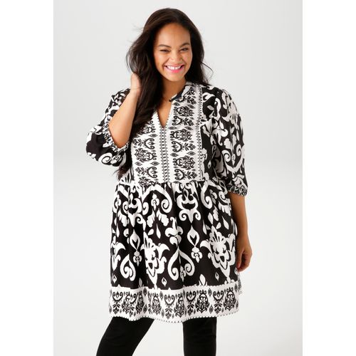 Tunika ANISTON PLUS, Damen, Gr. 48, schwarz (schwarz weiß), Web, Obermaterial: 100% Viskose, bedruckt, gemustert, feminin, lässig geschnitten ca. Mitte Oberschenkel, V-Ausschnitt, 3/4-Ärmel elastischer Bund mit Gummizug, Tuniken, mit kontrastfarbigen Ornamenten bedruckt