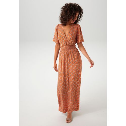 Maxikleid ANISTON CASUAL, Damen, Gr. 42, N-Gr, orange (rotorange, wollweiß, braun, rosa), Single Jersey, Obermaterial: 95% Viskose, 5% Elasthan, bedruckt, gemustert, feminin, figurumspielend knöchellang, V-Ausschnitt, Kurzarm, Kleider, mit extravaganten, grafischen Muster, Topseller