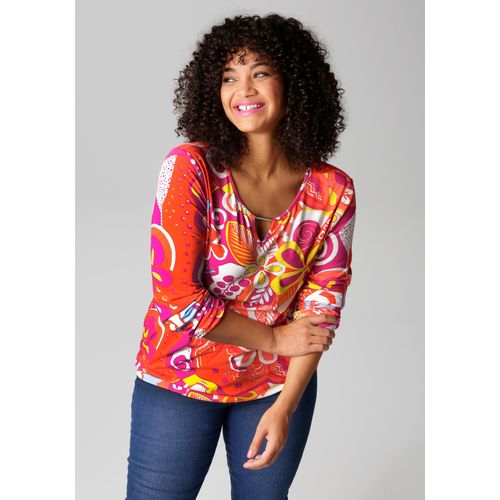 Langarmshirt ANISTON PLUS, Damen, Gr. 42, bunt (fuchsia, weiß, orangerot, gelb, türkis, hummer), Single Jersey, Obermaterial: 95% Viskose, 5% Elasthan, bedruckt, geblümt, gemustert, figurumspielend Po-bedeckend, Rundhals, elastischer Bund mit Gummizug, Shirts, mit farbharmonischen, fantasievollem Druck, Topseller