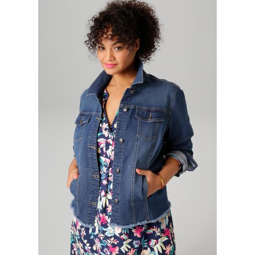 Jeansjacke ANISTON PLUS, Damen, Gr. 46, blau, Denim/Jeans, Obermaterial: 98% Baumwolle, 2% Elasthan, Abriebeffekte, unifarben, casual, figurumspielend hüftlang, Langarm 1-Knopf-Manschette, Jacken, mit ausgefranstem Saum