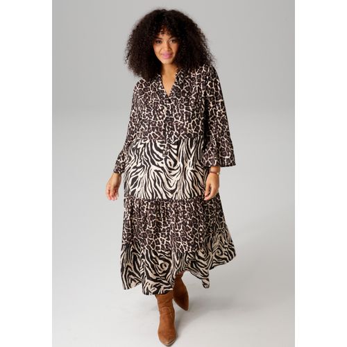 Midikleid ANISTON PLUS, Damen, Gr. 52, N-Gr, schwarz (beige, braun, schwarz), Obermaterial: 100% Viskose, animal-print, gemustert, lässig geschnitten wadenlang, V-Ausschnitt, 3/4-Ärmel Volant, Kleider, im extravaganten Animal-Zebra-Printmix
