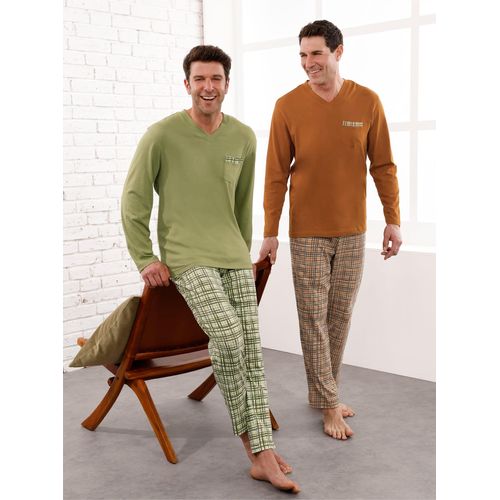 Schlafanzug KINGS CLUB, Herren, Gr. 52/54, grün (cognac, kariert, schilf, kariert), 100% Baumwolle, Homewear-Sets