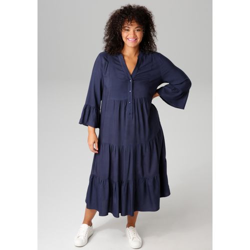 Midikleid ANISTON PLUS, Damen, Gr. 46, N-Gr, blau (marine), Web, Obermaterial: 100% Viskose, unifarben, modisch, lässig geschnitten wadenlang, V-Ausschnitt, 3/4-Ärmel Volant, Kleider, In trendigen Farben