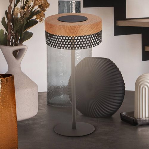 Akku-Tischleuchte Booha, braun, Metall, IP44, dimmbar
