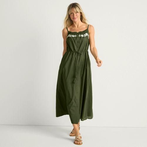 Besticktes Baumwollkleid, Damen,  Grün, Baumwolle, by Lands' End