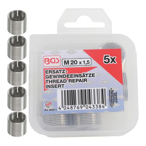 BGS technic Ersatz-Gewindeeinsätze M20 x 1,5 mm, 5-tlg. aus Stahl mit Gewindeeinsätzen für Gewindereparatur, 9434-1)