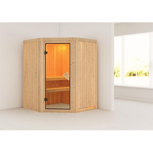 Sauna Larin : ohne Dachkranz : Bronzierte Ganzglastür : ohne Ofen Dachkranz: ohne Dachkranz Saunaofen: ohne Ofen Saunatür: Bronzierte Ganzglastür