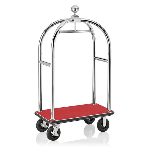 Gepäckwagen Edelstahl, roter Teppich, Garderobenstange, silber, 113 x 62 x 191 cm