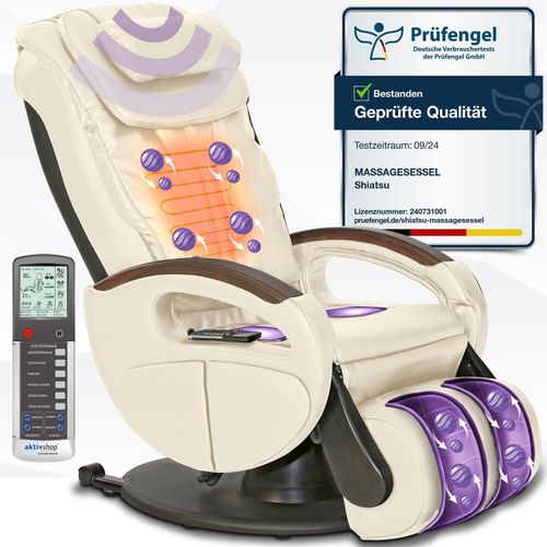 ELONEO Massagesessel mit elek. Aufstehfunktion, Shiatsu-Massage, Wärmefunktion, 4 Massagetechniken, 6 Massagezonen, Transportrollen (Creme)