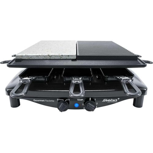 Premium Raclette mit Antihaft-Druckguss-Grillplatte, Germany, Natursteingrillplatte,8 emaillierte Pfännchen, Stufenloser Temperaturregler