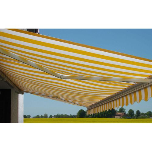Elektrische Kassetten-Markise H124, Vollkassette Volant 5x3m Polyester Gelb/Weiß
