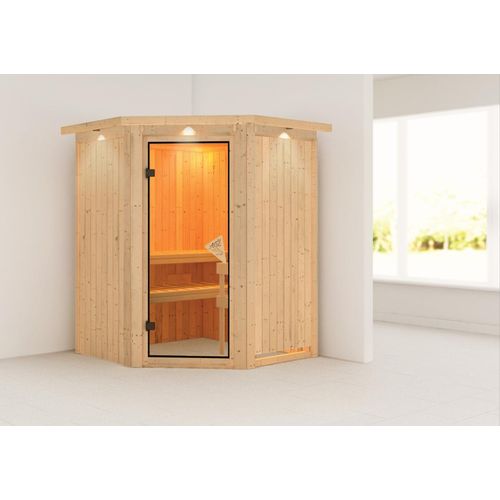 Sauna Larin : Bronzierte Ganzglastür : mit Dachkranz : ohne Ofen Dachkranz: mit Dachkranz Saunaofen: ohne Ofen Saunatür: Bronzierte Ganzglastür