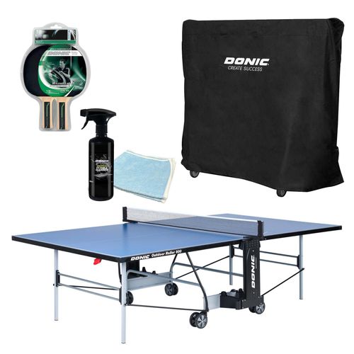 DONIC Tischtennisplatten-Set Roller Outdoor 800 inkl. 2x Tischtennisschläger, 3x Tischtennisbälle, 1x Abdeckhülle, 1x Tischreiniger