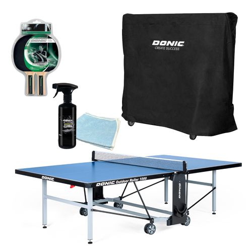 DONIC Outdoor+Indoor Tischtennisplatte Roller 1000, inkl. Abdeckhülle, 2 Tischtennisschläger, 1 Tischreiniger m. Tuch, TT-Netz, Ball, -Schlägerhalter