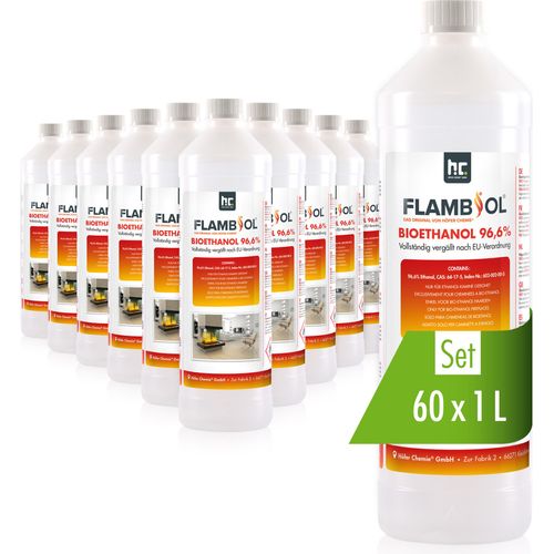 60x 1 L FLAMBIOL® Bioethanol 96,6% Premium für Ethanol-Tischkamin in Flaschen