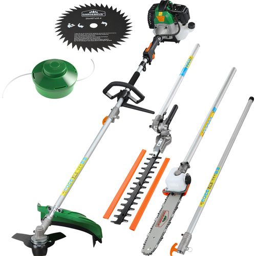 GARDEBRUK® Benzin Motorsense Freischneider 5 in 1 Heckenschere Rasentrimmer Hochentaster 2 PS Tragegurt verstellbar 1m Verlängerung