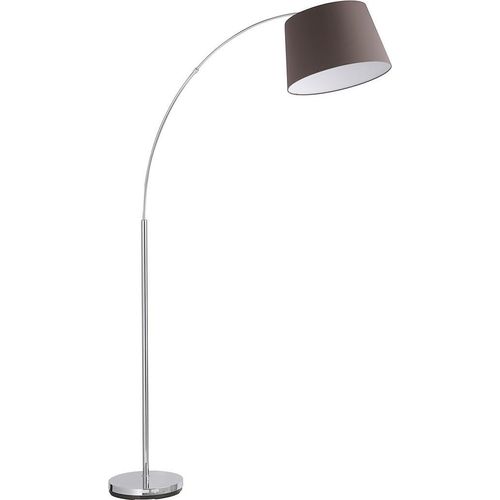 Bogenleuchte in Chrom, Stoffschirm Grau-Braun, Höhe 179 cm, FLI-Leuchten