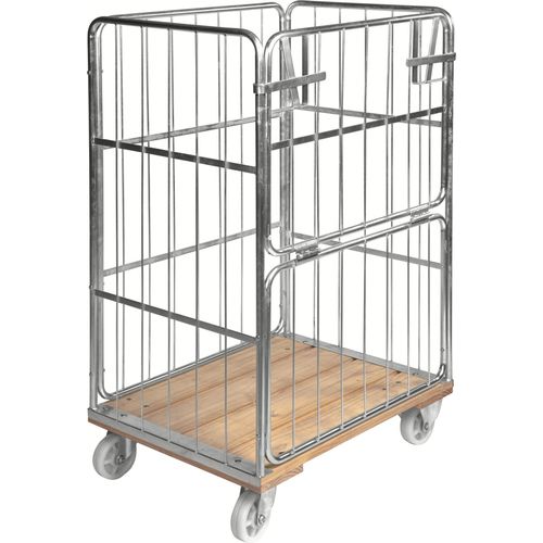Kongamek Rollcontainer verzinkt 845x630x1390mm mit Holzboden, 4 Gitterwänden, 1 Tür in der Hälfte zu öffnen und Bremse