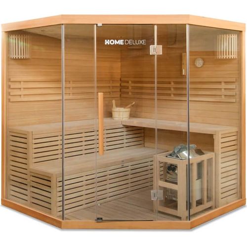 HOME DELUXE - Traditionelle Sauna - Skyline XL Big - 200 x 200 x 210 cm - für 2-6 Personen, Hemlocktanne, inkl. Saunaofen, Saunazubehör I Dampfsauna Aufgusssauna Finnische SaunaSauna
