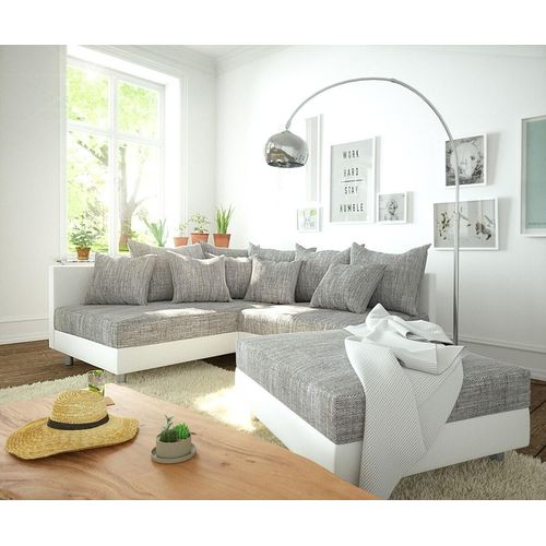 DELIFE Ecksofa Clovis Weiss Hellgrau Modulsofa Hocker Ottomane Links