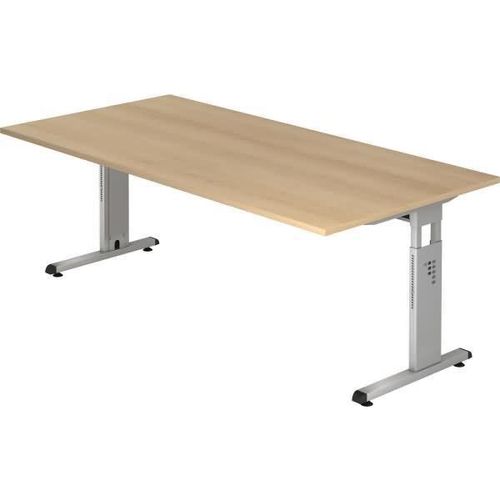 Schreibtisch O-Serie | inkl. Kabelwanne | C-Fuß | höheneinstellbar, Größe Tischplatte:200 x 100 cm, Farbe Tischplatte:Eiche, Farbe Gestell:Silber