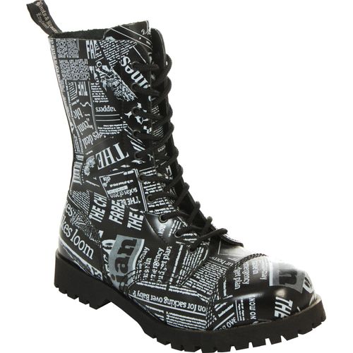 Boots & Braces - 10 Loch Newspaper Stiefel Rangers Schwarz Weiß Zeitungs Print Stahlkappe