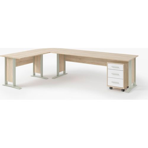 Office Line Winkelschreibtisch 220 x 170 cm mit Rollcontainer Eiche Sonoma/Weiß
