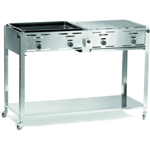 Grill-Master Quattro - Chromstahl Rahmen und Abtropfschale. Geeignet für Propangas mit vier einzelnen einstellbaren Brennern ausgestattet. Inkl. 2 vernickelten Rosten und einer emmailierten Grillplatte (590x480 mm). Mit Thermoelement, elek