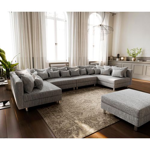DELIFE Wohnlandschaft Clovis XL Hellgrau Strukturstoff Modulsofa Hocker