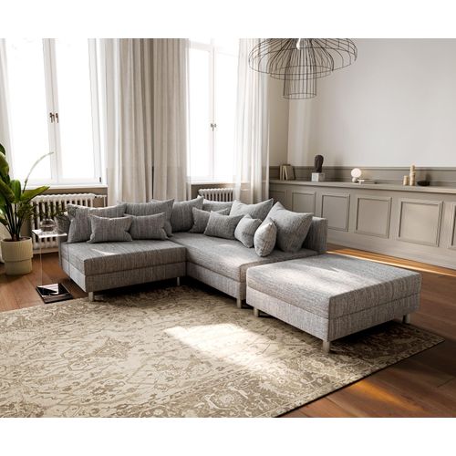 DELIFE Ecksofa Clovis Hellgrau Strukturstoff Hocker Ottomane Rechts Modulsofa