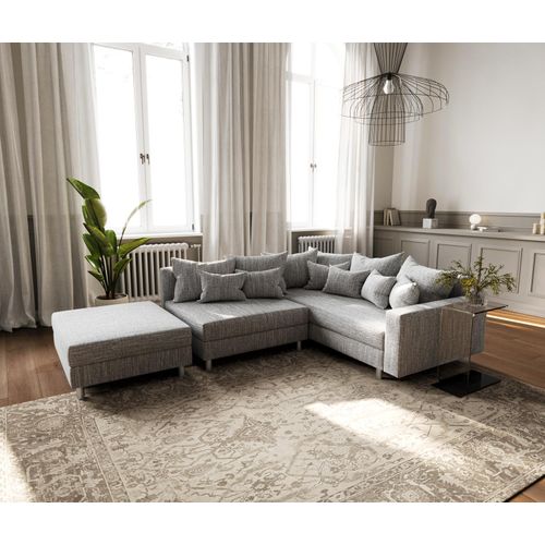 DELIFE Ecksofa Clovis Hellgrau Strukturstoff Hocker Armlehne Ottomane Rechts Modulsofa