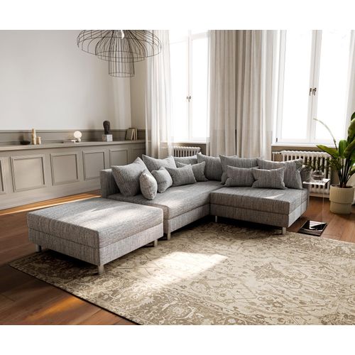 DELIFE Ecksofa Clovis Hellgrau Strukturstoff Hocker Ottomane Links Modulsofa