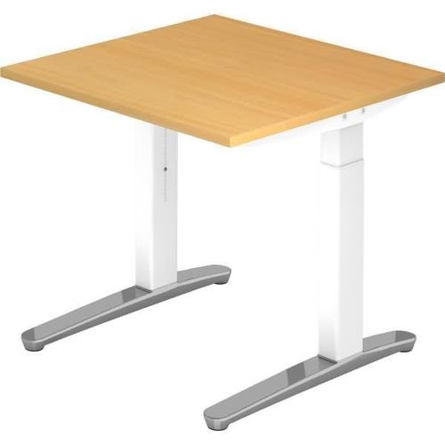 Schreibtisch XB-Serie | inkl. Kabelwanne | C-Fuß | höheneinstellbar, Größe Tischplatte:80 x 80 cm, Farbe Tischplatte:Buche, Farbe Gestell:Weiß / Alu poliert