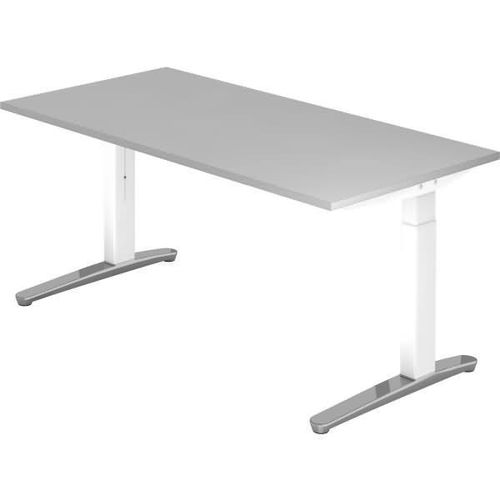 Schreibtisch XB-Serie | inkl. Kabelwanne | C-Fuß | höheneinstellbar, Größe Tischplatte:160 x 80 cm, Farbe Tischplatte:Grau, Farbe Gestell:Weiß / Alu poliert