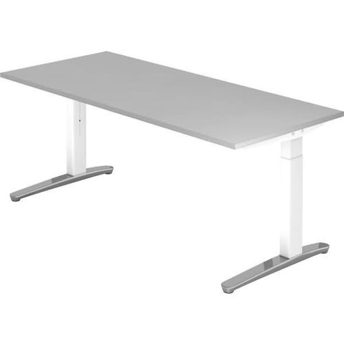 Schreibtisch XB-Serie | inkl. Kabelwanne | C-Fuß | höheneinstellbar, Größe Tischplatte:180 x 80 cm, Farbe Tischplatte:Grau, Farbe Gestell:Weiß / Alu poliert