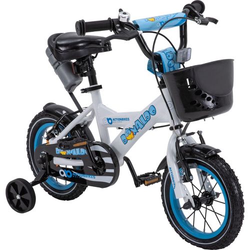 Actionbikes Kinderfahrrad Donaldo 12 Zoll | Kinder Fahrrad - V-Brake Bremsen - Kettenschutz - Fahrradständer - Fahrradkorb - 2-5 Jahre (Blau/Weiß)