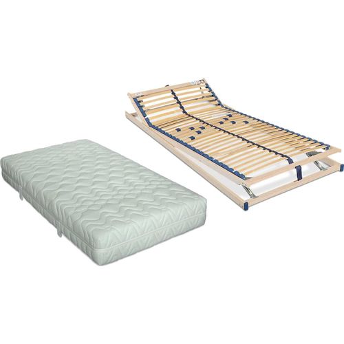 SPAR-SET bestehend aus: ki-Pure Komfort-Flex-Pur 5-Zonen Tonnentaschenfederkernmatratze in 90 x 200 cm im Härtegrad mittelfest – plus Lattenrost Malie Olympus 28 KF verstellbar in 90 x 200 cm – fertig montiert + fertig montiert und