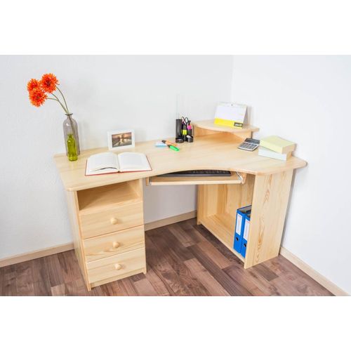 Schreibtisch / Eckschreibtisch Kiefer massiv Vollholz natur Junco 185 - Abmessung: 74 x 138 x 83 cm (H x B x T)