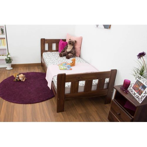 Kinderbett / Jugendbett Kiefer Vollholz massiv Nussfarben A22, inkl. Lattenrost - Abmessung 90 x 200 cm