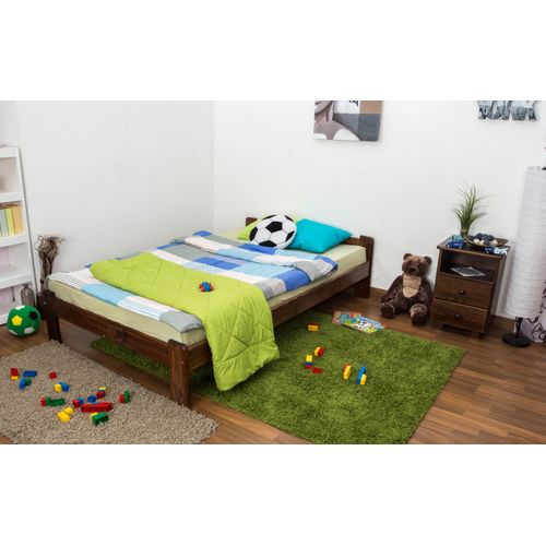 Kinderbett / Jugendbett Kiefer Vollholz massiv Nussfarben A8, inkl. Lattenrost - Abmessungen: 120 x 200 cm