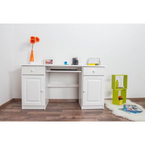 Schreibtisch Kiefer massiv Vollholz weiß lackiert 004 - Abmessung 74 x 136 x 55 cm (H x B x T)
