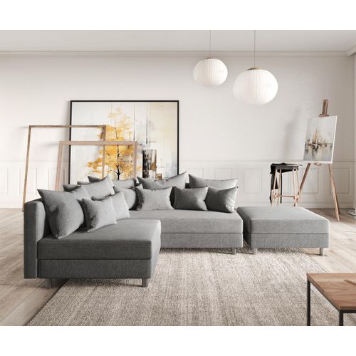 DELIFE Ecksofa Clovis Grau Flachgewebe Hocker Ottomane Rechts Modulsofa