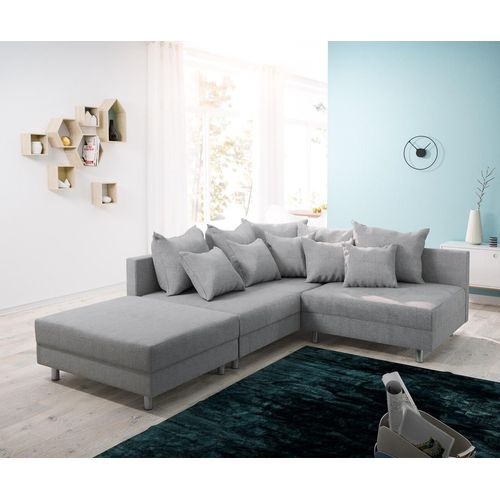 DELIFE Ecksofa Clovis Grau Flachgewebe Hocker Ottomane Links Modulsofa