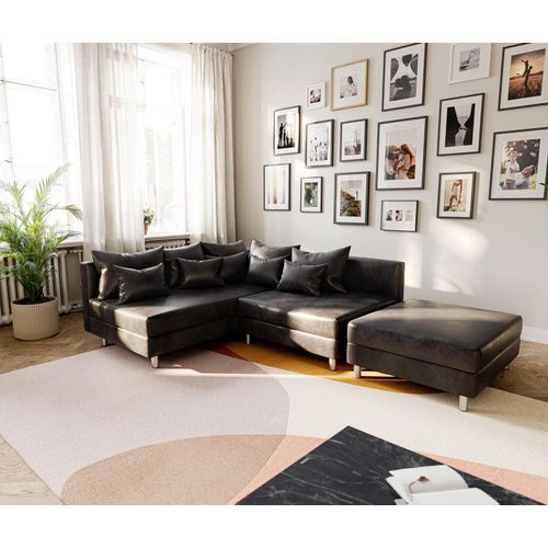 DELIFE Ecksofa Clovis Anthrazit Antik Optik Hocker Ottomane Links Modulsofa